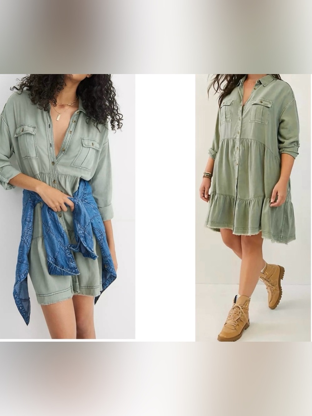 Anthropologie Pilcro Deanne Tiered Mini Shirtdress Chic Sage Green Shirt Dress